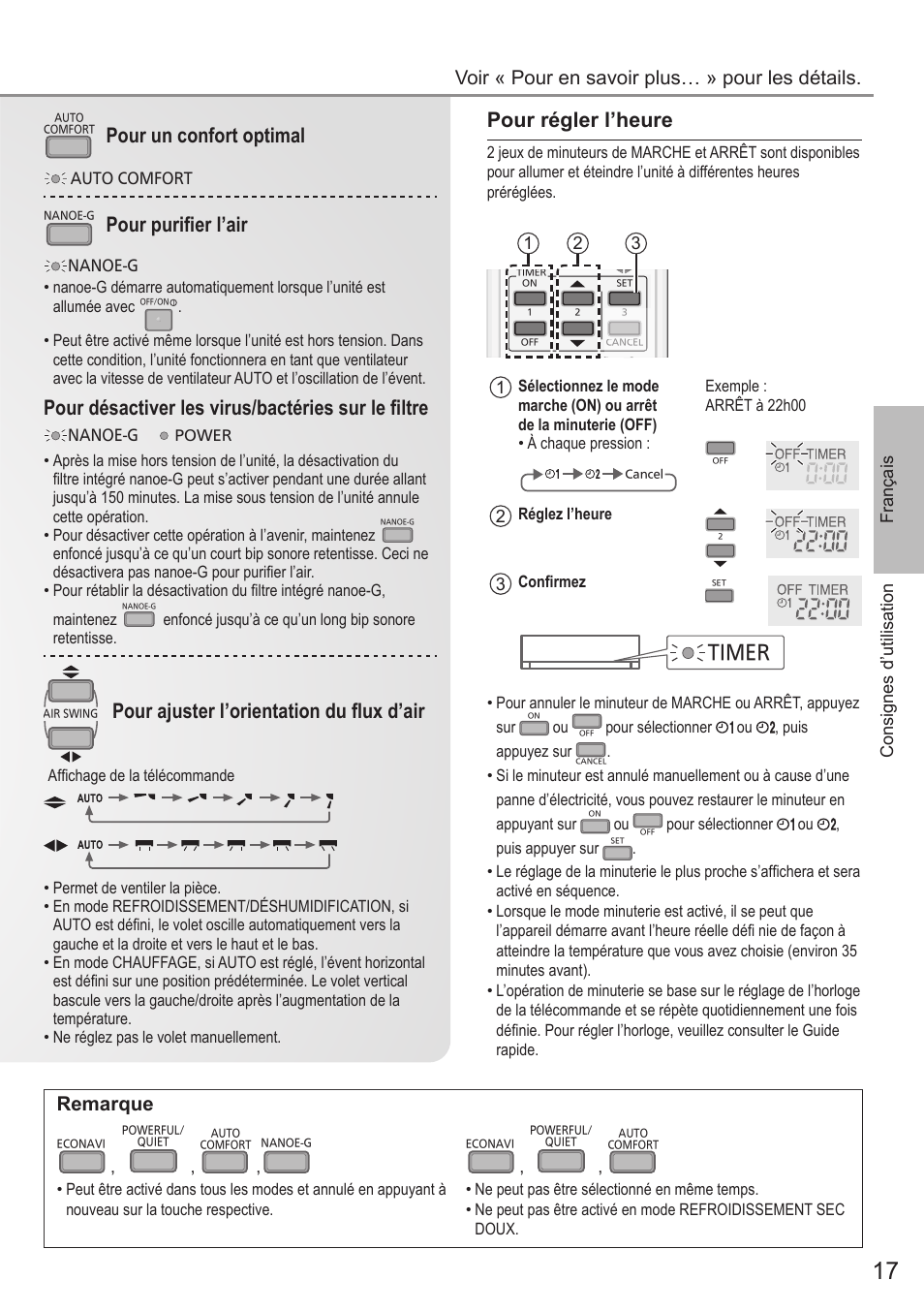 Pour régler l’heure, Pour un confort optimal, Pour purifi er l’air | Pour désactiver les virus/bactéries sur le fi ltre, Pour ajuster l’orientation du fl ux d’air, Remarque, Timer, Voir « pour en savoir plus… » pour les détails, Français, Consignes d’utilisation | Panasonic CUE28PKE User Manual | Page 17 / 64