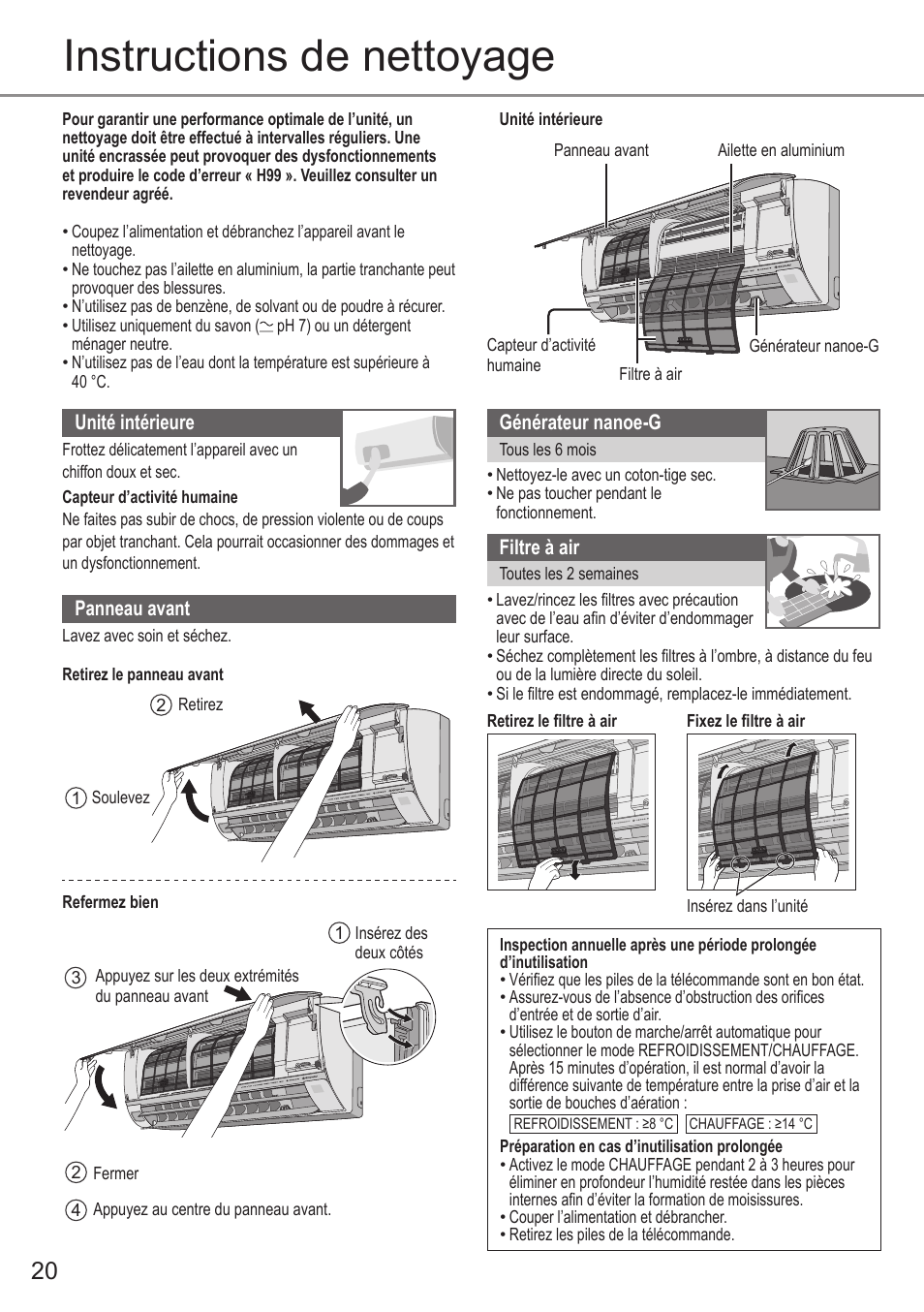 Instructions de nettoyage | Panasonic CUE28PKE User Manual | Page 20 / 64