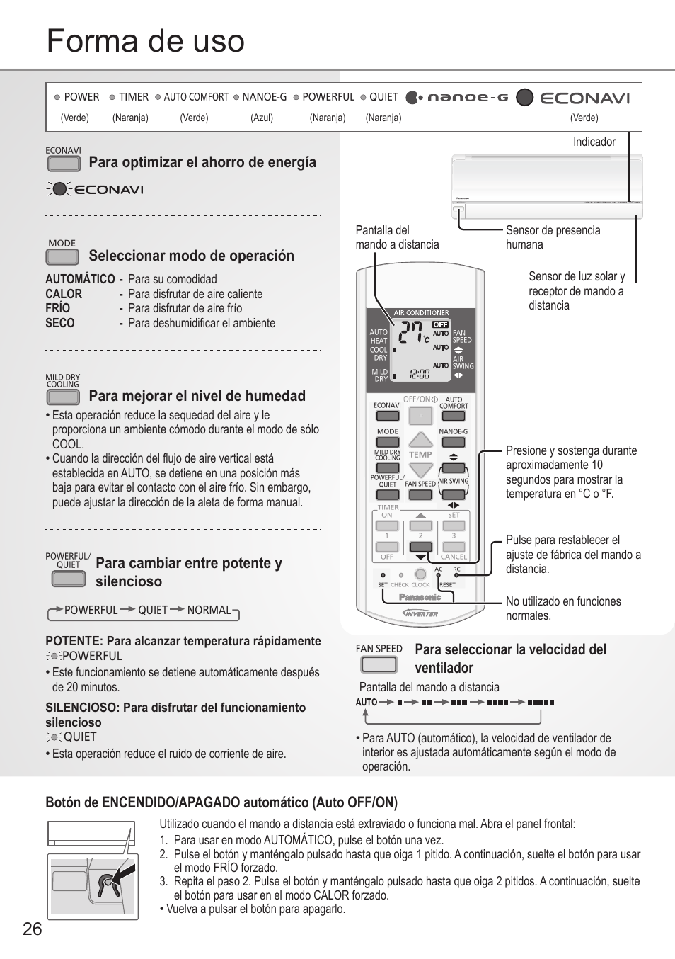 Forma de uso, Para optimizar el ahorro de energía, Seleccionar modo de operación | Para mejorar el nivel de humedad, Para cambiar entre potente y silencioso, Para seleccionar la velocidad del ventilador, Pantalla del mando a distancia indicador, Potente: para alcanzar temperatura rápidamente, Pantalla del mando a distancia | Panasonic CUE28PKE User Manual | Page 26 / 64