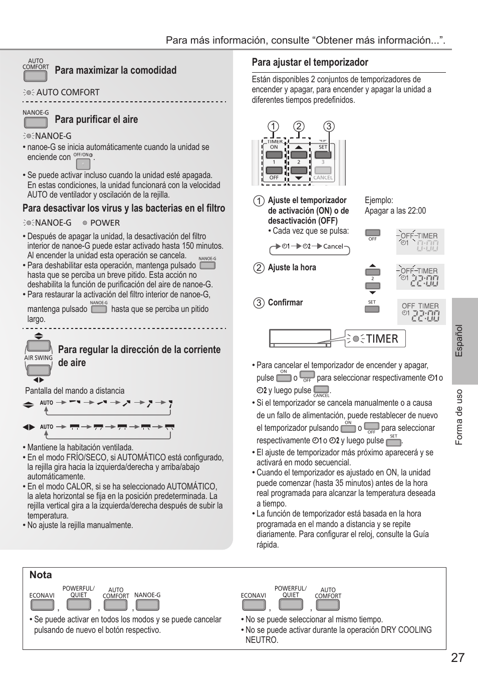Para ajustar el temporizador, Para maximizar la comodidad, Para purifi car el aire | Para regular la dirección de la corriente de aire, Nota, Timer | Panasonic CUE28PKE User Manual | Page 27 / 64