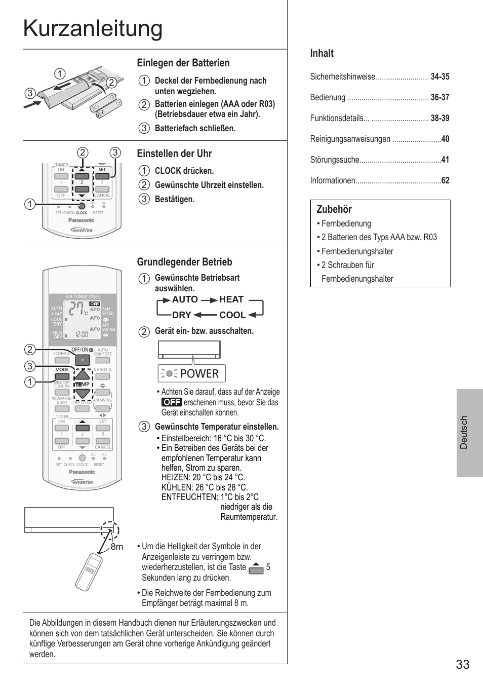 Kurzanleitung, Inhalt, Zubehör | Einlegen der batterien, Einstellen der uhr, Grundlegender betrieb, Power, Deutsch | Panasonic CUE28PKE User Manual | Page 33 / 64