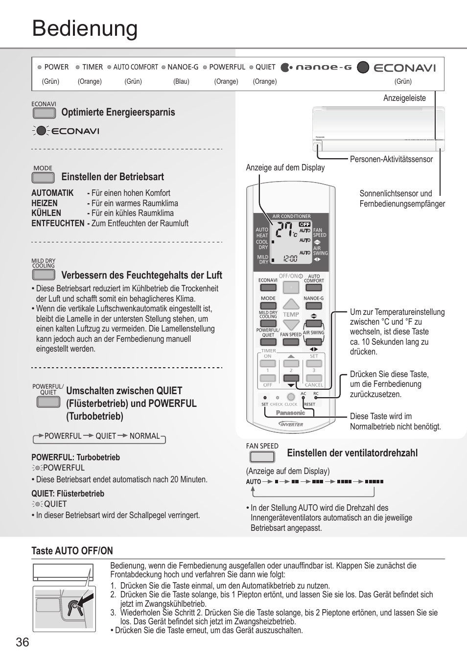 Bedienung, Optimierte energieersparnis, Einstellen der betriebsart | Verbessern des feuchtegehalts der luft, Taste auto off/on, Einstellen der ventilatordrehzahl, Anzeige auf dem display anzeigeleiste, Powerful: turbobetrieb | Panasonic CUE28PKE User Manual | Page 36 / 64