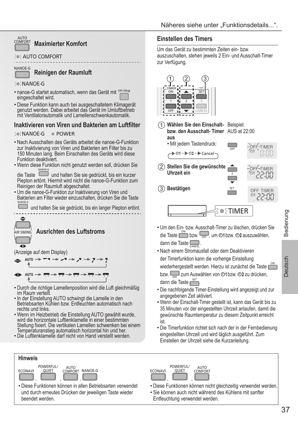 Einstellen des timers, Maximierter komfort, Reinigen der raumluft | Ausrichten des luftstroms, Hinweis, Timer, Näheres siehe unter „funktionsdetails | Panasonic CUE28PKE User Manual | Page 37 / 64