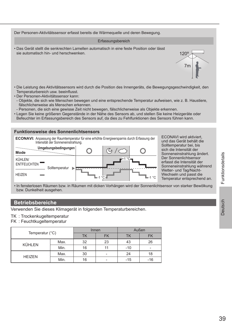 Betriebsbereiche, 7m 120º | Panasonic CUE28PKE User Manual | Page 39 / 64