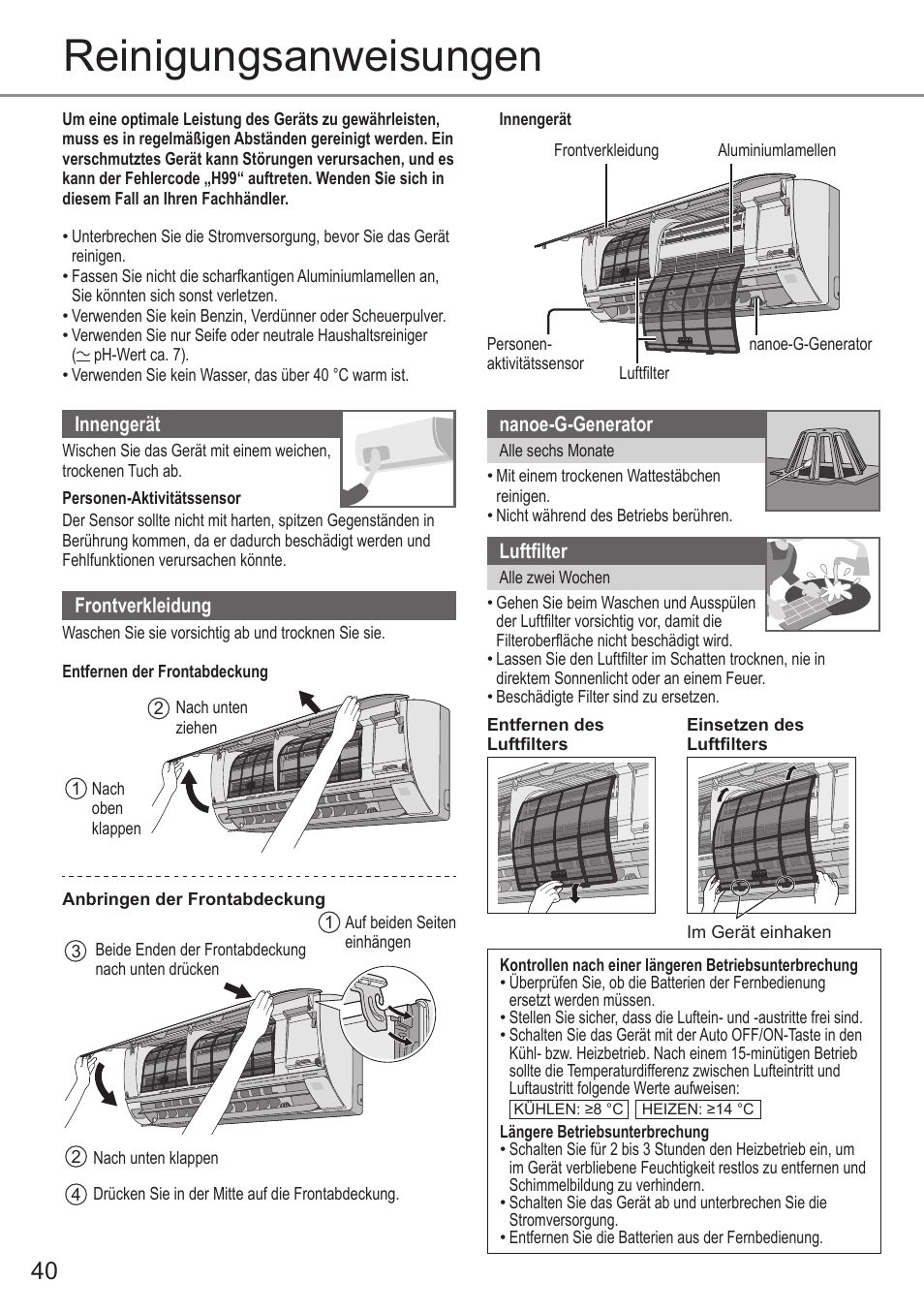 Reinigungsanweisungen | Panasonic CUE28PKE User Manual | Page 40 / 64
