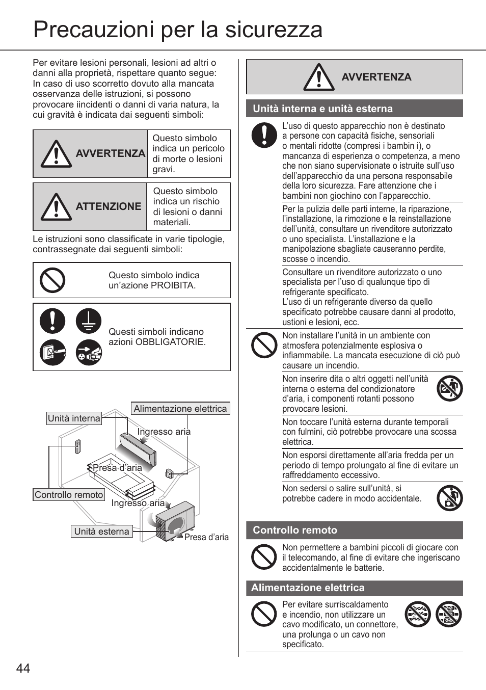 Precauzioni per la sicurezza | Panasonic CUE28PKE User Manual | Page 44 / 64