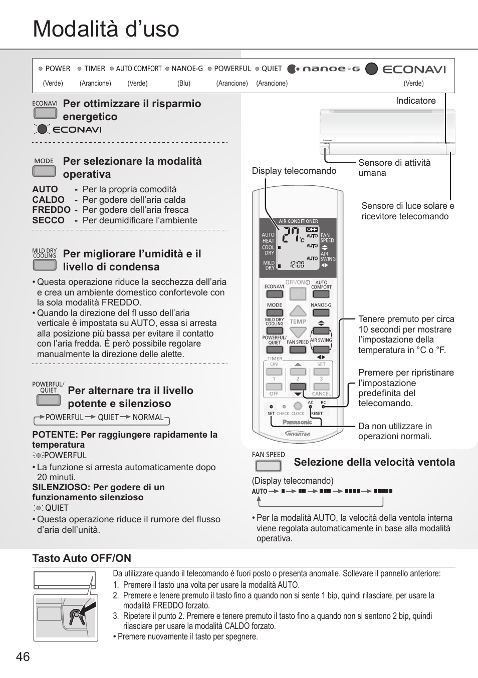 Modalità d’uso, Per ottimizzare il risparmio energetico, Per selezionare la modalità operativa | Per migliorare l’umidità e il livello di condensa, Per alternare tra il livello potente e silenzioso, Tasto auto off/on, Selezione della velocità ventola | Panasonic CUE28PKE User Manual | Page 46 / 64