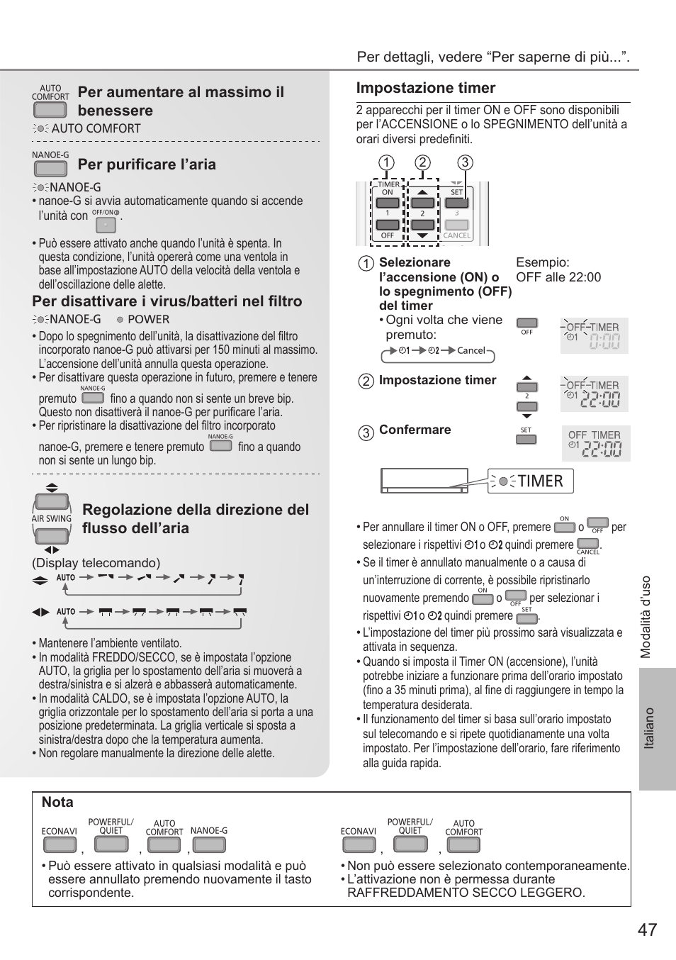 Impostazione timer, Per aumentare al massimo il benessere, Per purifi care l’aria | Per disattivare i virus/batteri nel fi ltro, Regolazione della direzione del fl usso dell’aria, Nota, Timer, Per dettagli, vedere “per saperne di più | Panasonic CUE28PKE User Manual | Page 47 / 64