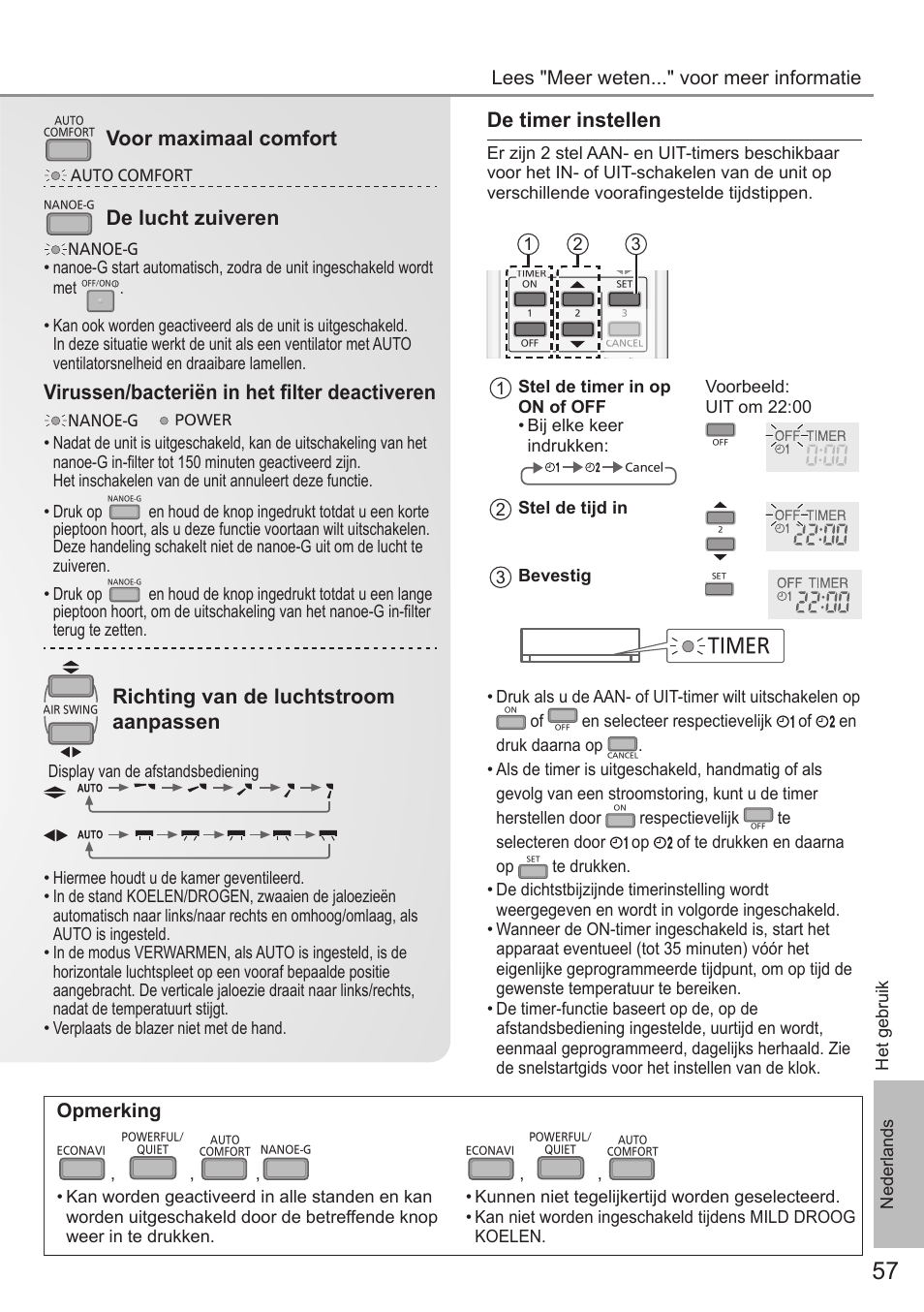 De timer instellen, Voor maximaal comfort, De lucht zuiveren | Virussen/bacteriën in het fi lter deactiveren, Richting van de luchtstroom aanpassen, Opmerking, Timer, Lees "meer weten..." voor meer informatie | Panasonic CUE28PKE User Manual | Page 57 / 64