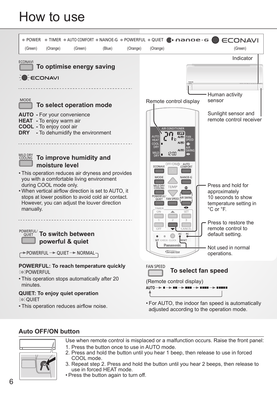 How to use, Auto off/on button, Remote control display indicator | Powerful: to reach temperature quickly, This operation reduces airfl ow noise | Panasonic CUE28PKE User Manual | Page 6 / 64