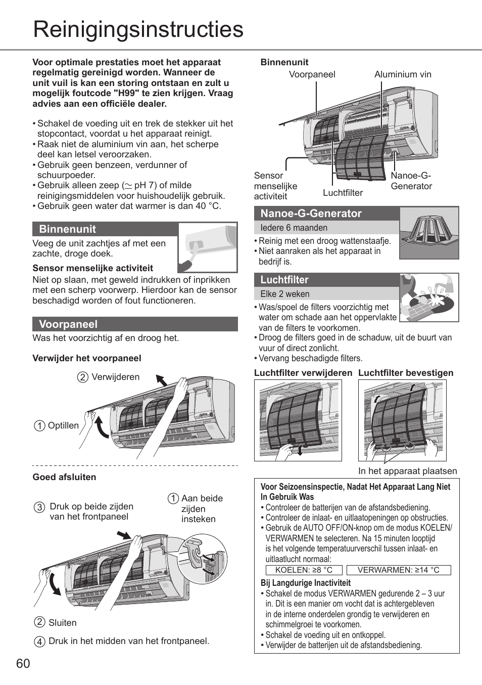 Reinigingsinstructies | Panasonic CUE28PKE User Manual | Page 60 / 64