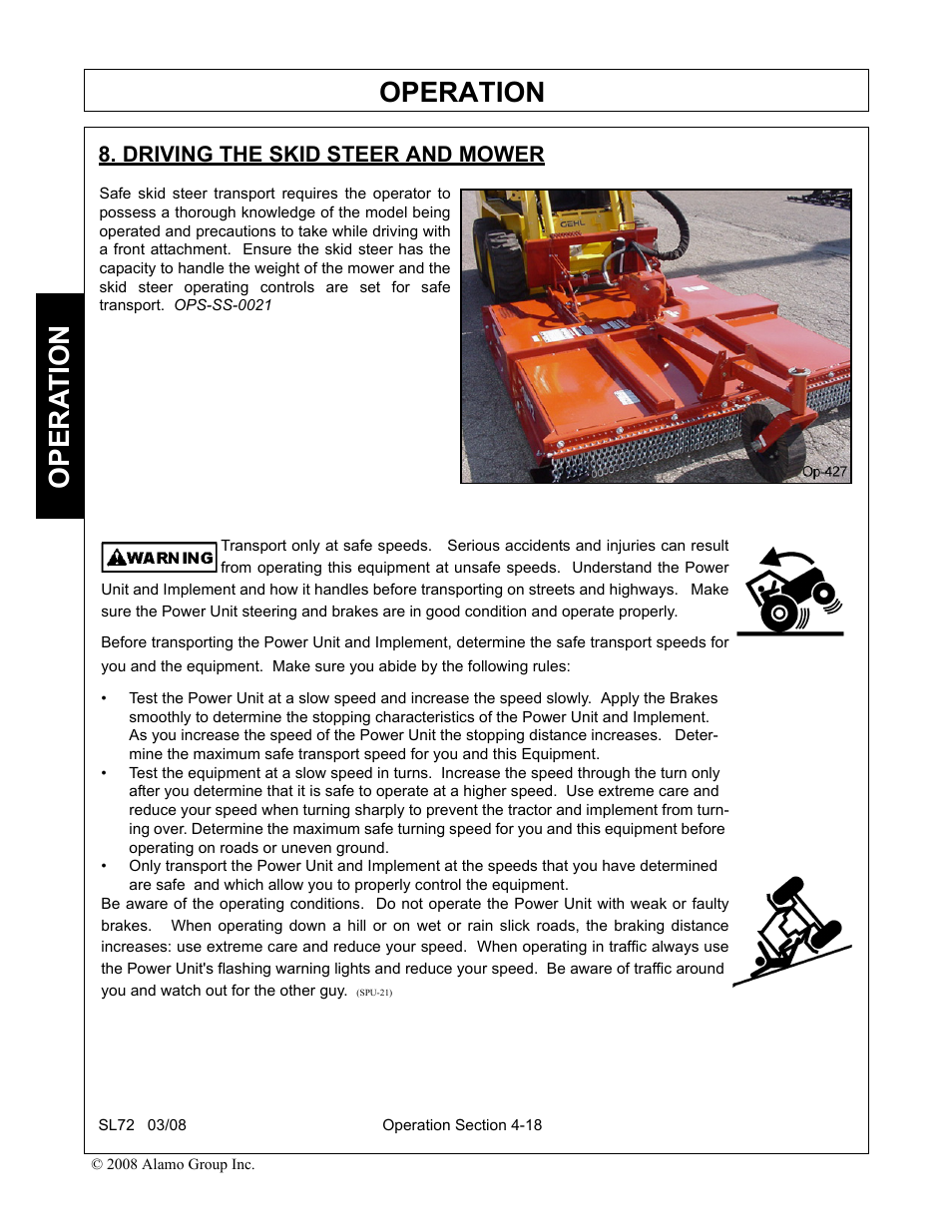 Driving the skid steer and mower, Driving the skid steer and mower -18, Operation | Opera t ion | Alamo SL72 User Manual | Page 100 / 122