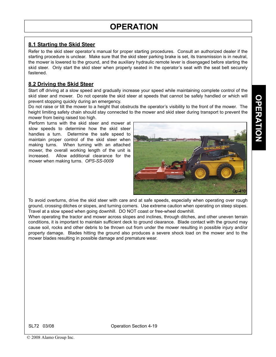 1 starting the skid steer, 2 driving the skid steer, Driving the skid steer -19 | Operation, Opera t ion | Alamo SL72 User Manual | Page 101 / 122