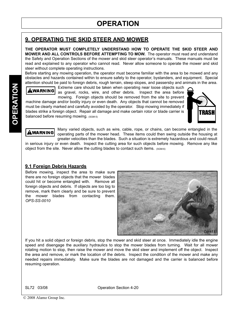 Operating the skid steer and mower, 1 foreign debris hazards, Operation | Opera t ion | Alamo SL72 User Manual | Page 102 / 122