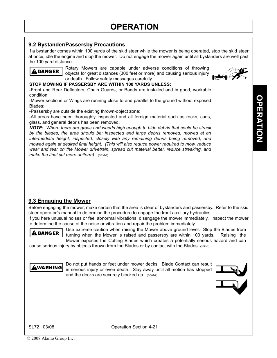 2 bystander/passersby precautions, 3 engaging the mower, Bystander/passersby precautions -21 | Engaging the mower -21, Operation, Opera t ion | Alamo SL72 User Manual | Page 103 / 122