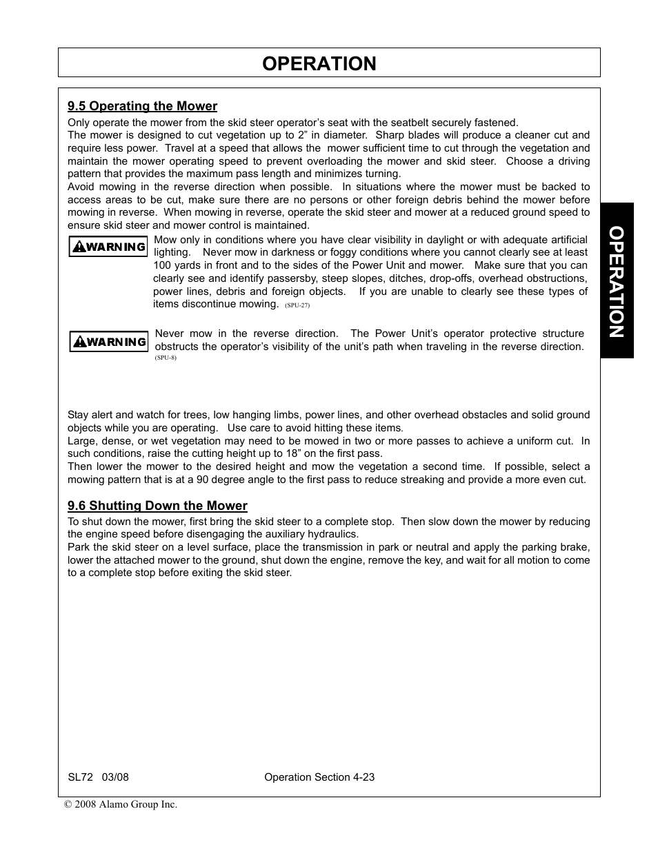 5 operating the mower, 6 shutting down the mower, Shutting down the mower -23 | Operation, Opera t ion | Alamo SL72 User Manual | Page 105 / 122