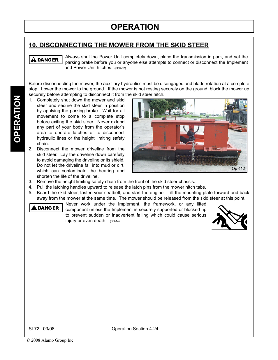 Disconnecting the mower from the skid steer, Disconnecting the mower from the skid steer -24, Operation | Opera t ion | Alamo SL72 User Manual | Page 106 / 122