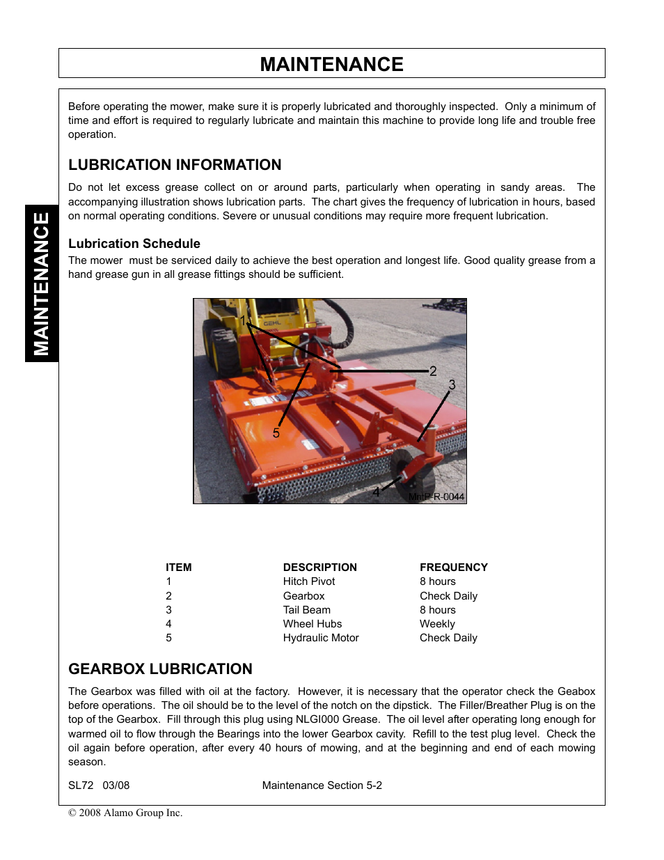 Lubrication information, Lubrication schedule, Gearbox lubrication | Maintenance | Alamo SL72 User Manual | Page 114 / 122