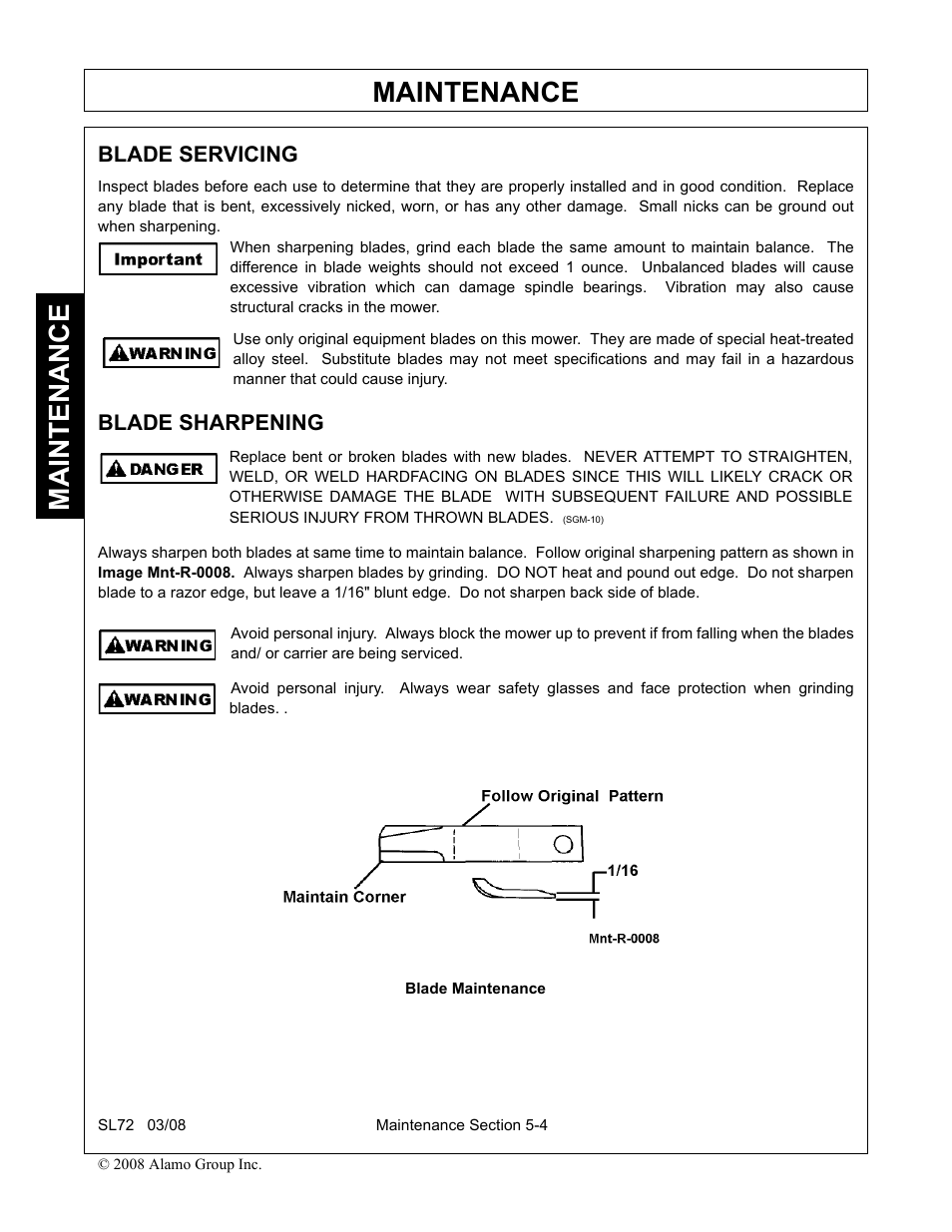 Blade servicing, Blade sharpening, Blade servicing -4 blade sharpening -4 | Maintenance | Alamo SL72 User Manual | Page 116 / 122