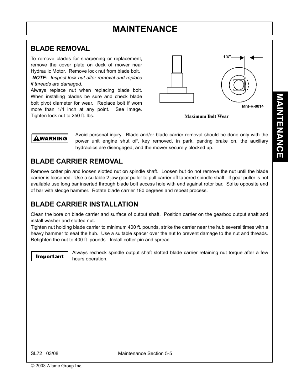 Blade removal, Blade carrier removal, Blade carrier installation | Maintenance | Alamo SL72 User Manual | Page 117 / 122