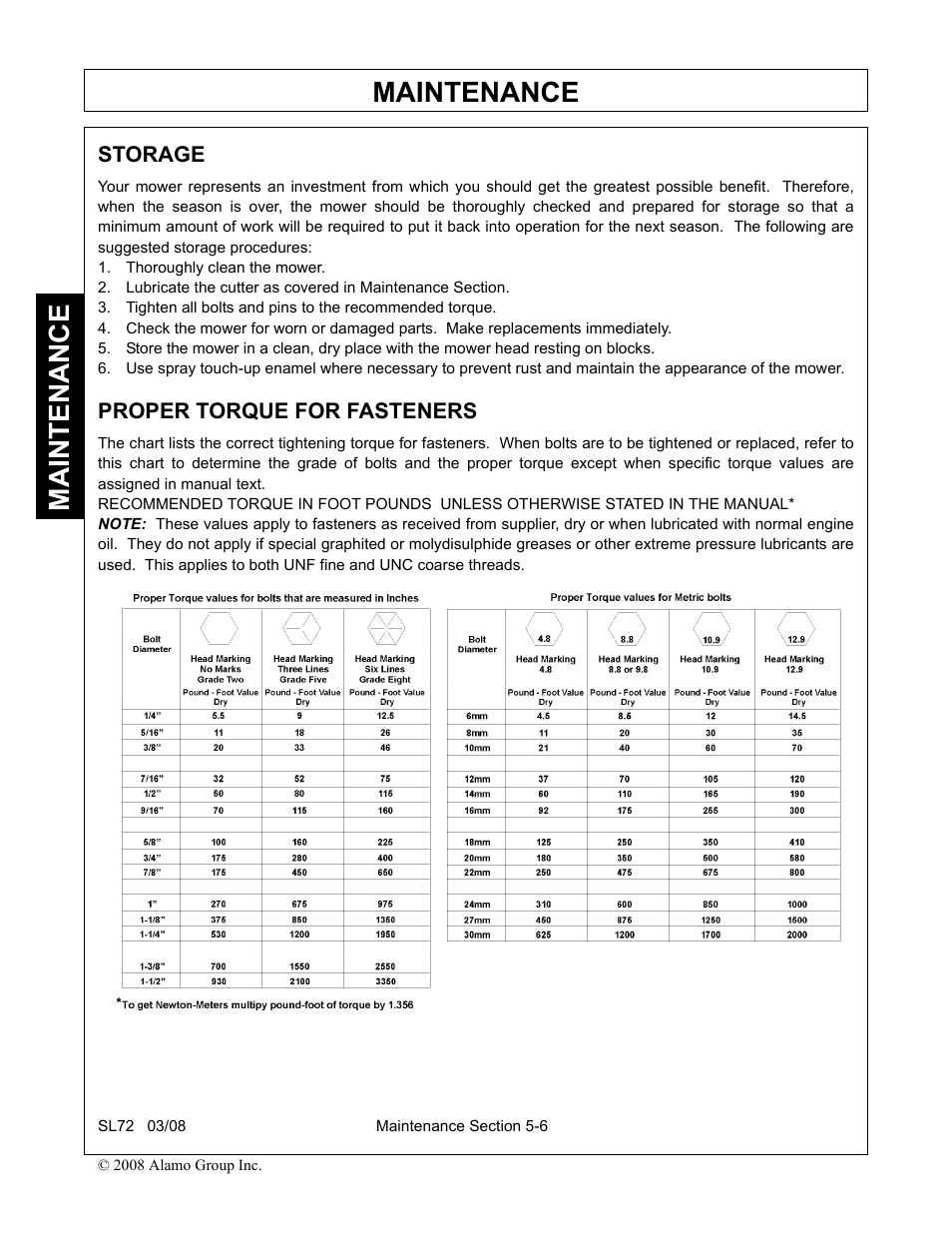 Storage, Thoroughly clean the mower, Proper torque for fasteners | Storage -6 proper torque for fasteners -6, Maintenance | Alamo SL72 User Manual | Page 118 / 122