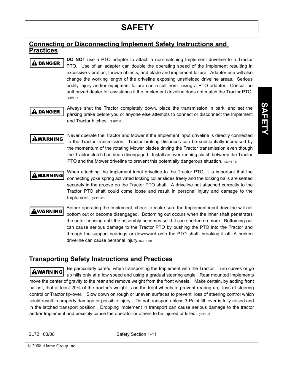 Transporting safety instructions and practices, Safety | Alamo SL72 User Manual | Page 17 / 122