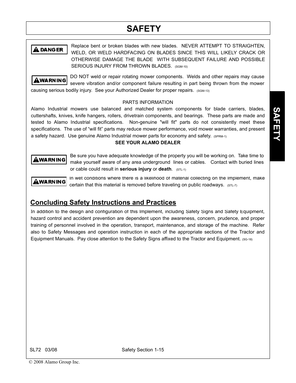 Concluding safety instructions and practices, Concluding safety instructions and practices -15, Safety | Alamo SL72 User Manual | Page 21 / 122