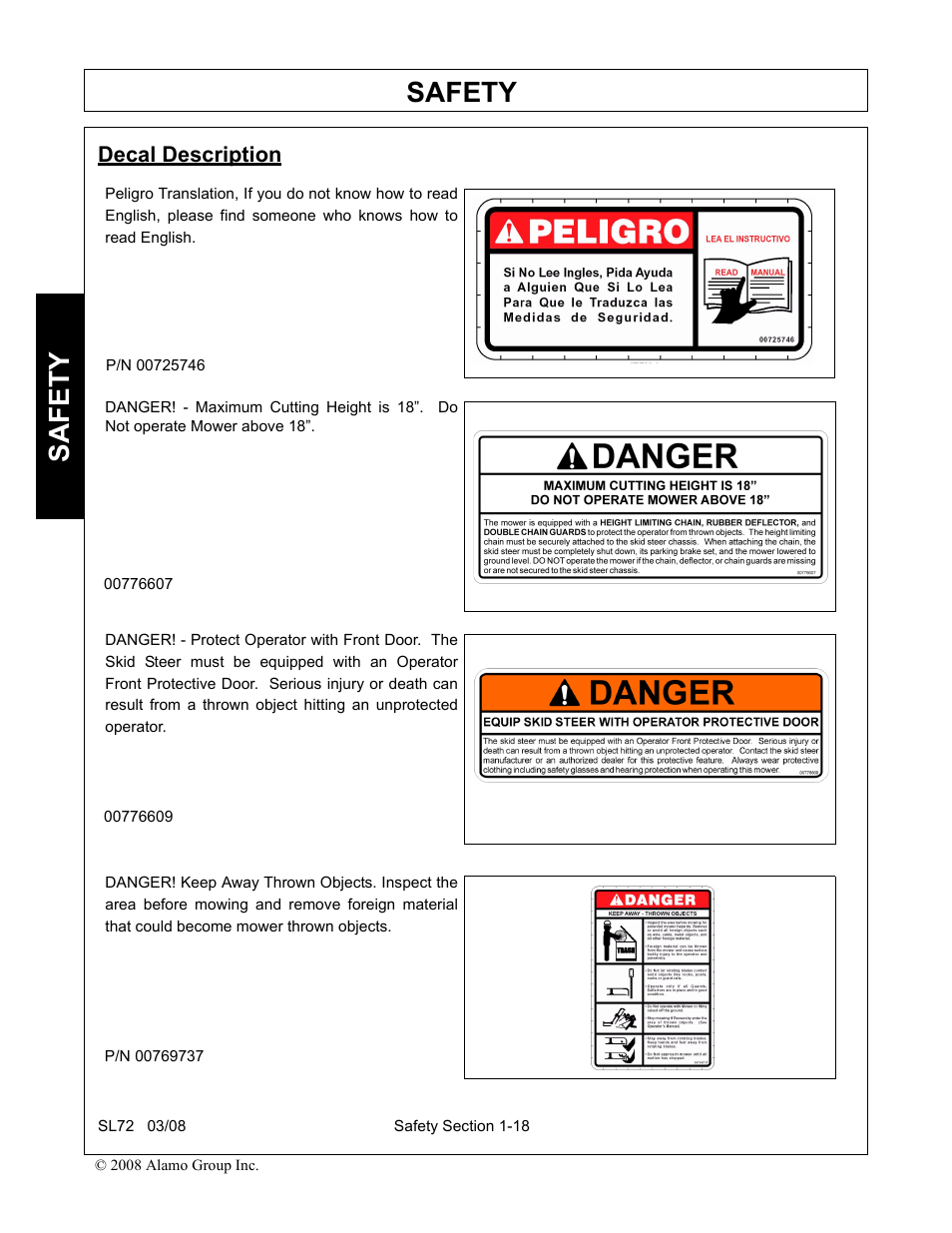 Decal description, Decal description -18, Safety | Alamo SL72 User Manual | Page 24 / 122