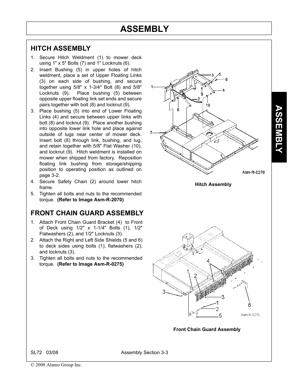 Hitch assembly, Secure safety chain (2) around lower hitch frame, Front chain guard assembly | Hitch assembly -3 front chain guard assembly -3, Assembly, Assembl y | Alamo SL72 User Manual | Page 79 / 122