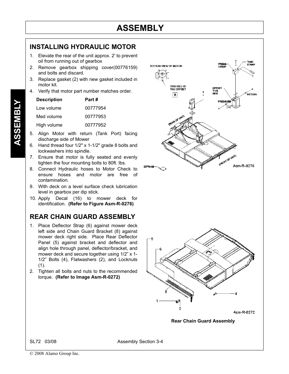 Installing hydraulic motor, Verify that motor part number matches order, Rear chain guard assembly | Assembly, Assembl y | Alamo SL72 User Manual | Page 80 / 122