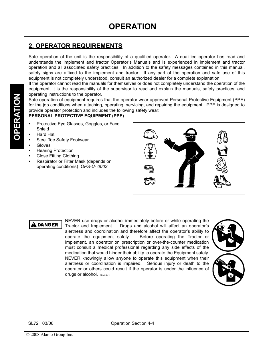 Operator requirements, Operator requirements -4, Operation | Opera t ion | Alamo SL72 User Manual | Page 86 / 122