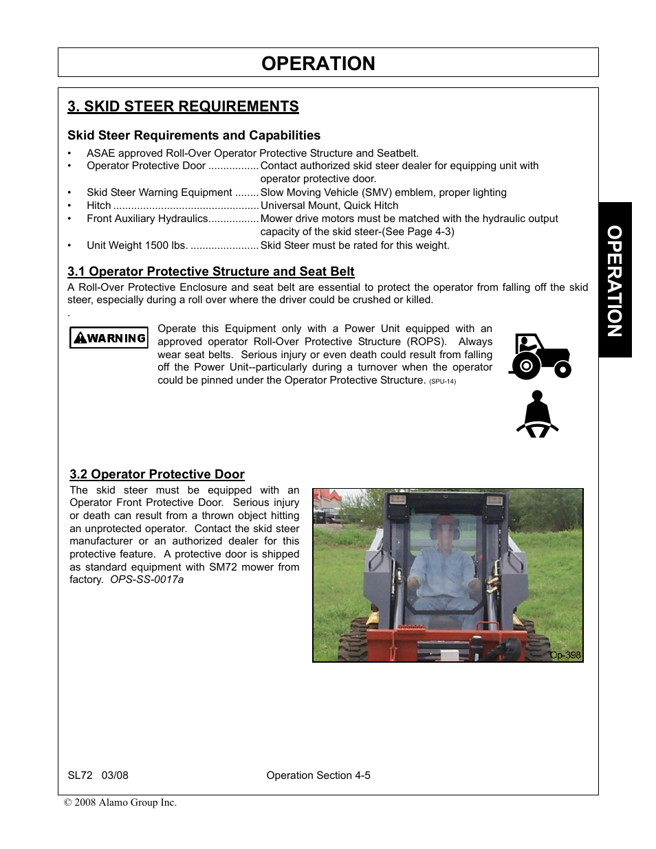 Skid steer requirements, Skid steer requirements and capabilities, 1 operator protective structure and seat belt | 2 operator protective door, Operation, Opera t ion | Alamo SL72 User Manual | Page 87 / 122