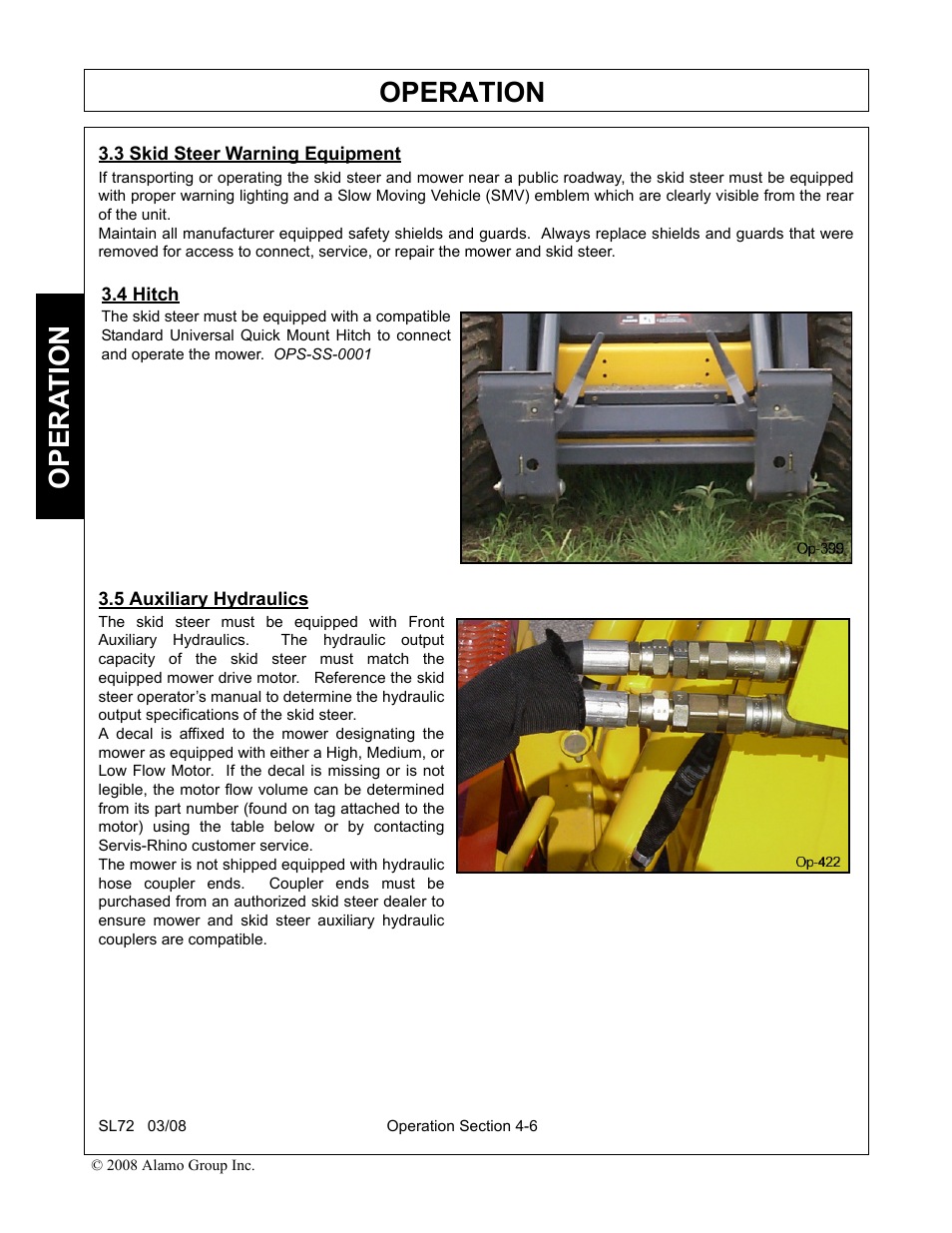 3 skid steer warning equipment, 4 hitch, 5 auxiliary hydraulics | Hitch -6 auxiliary hydraulics -6, Operation, Opera t ion | Alamo SL72 User Manual | Page 88 / 122