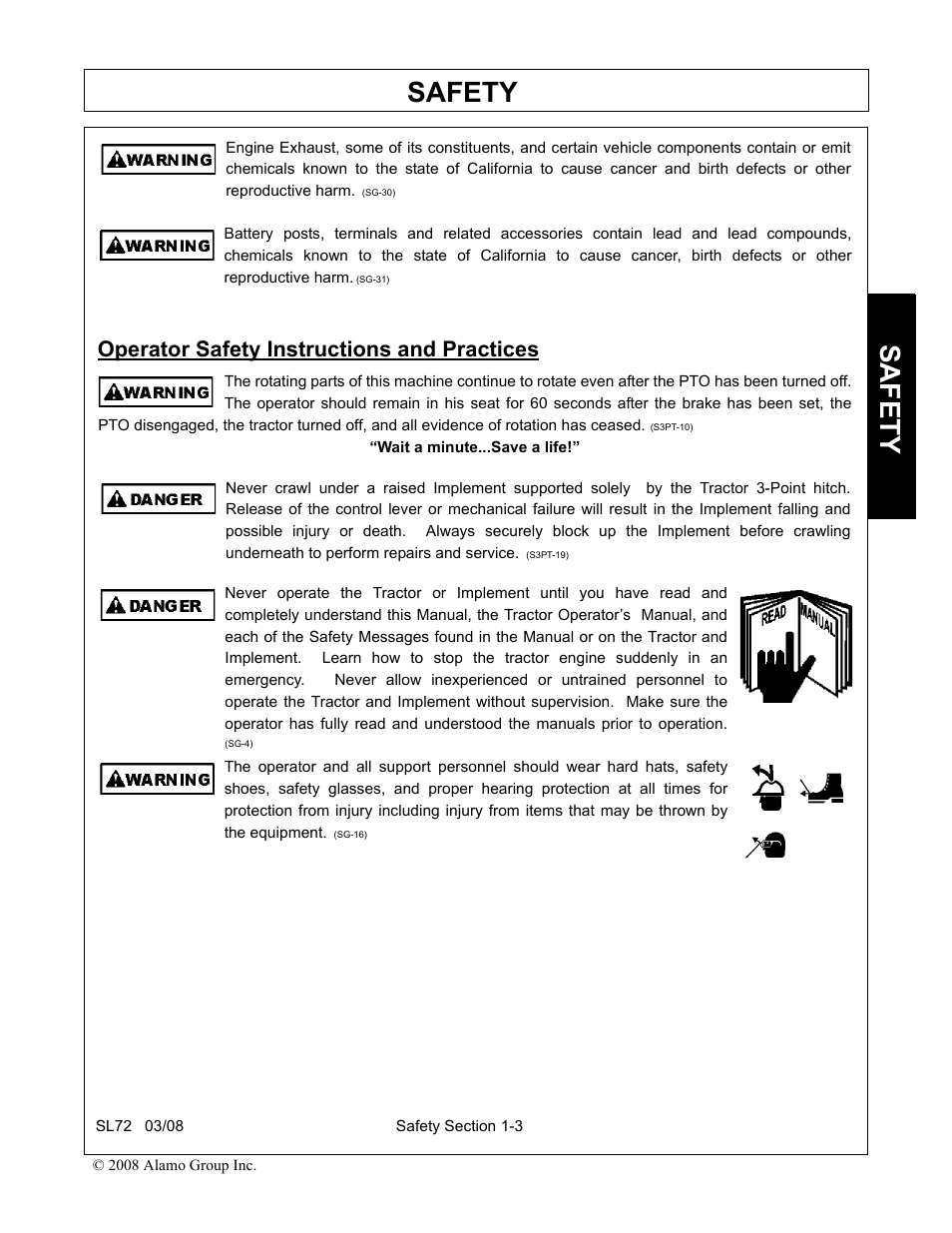 Operator safety instructions and practices, Operator safety instructions and practices -3, Safety | Alamo SL72 User Manual | Page 9 / 122