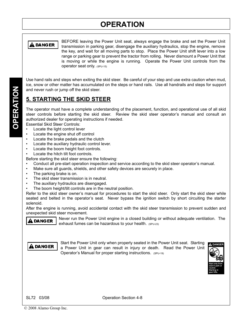 Starting the skid steer, Starting the skid steer -8, Operation | Opera t ion | Alamo SL72 User Manual | Page 90 / 122