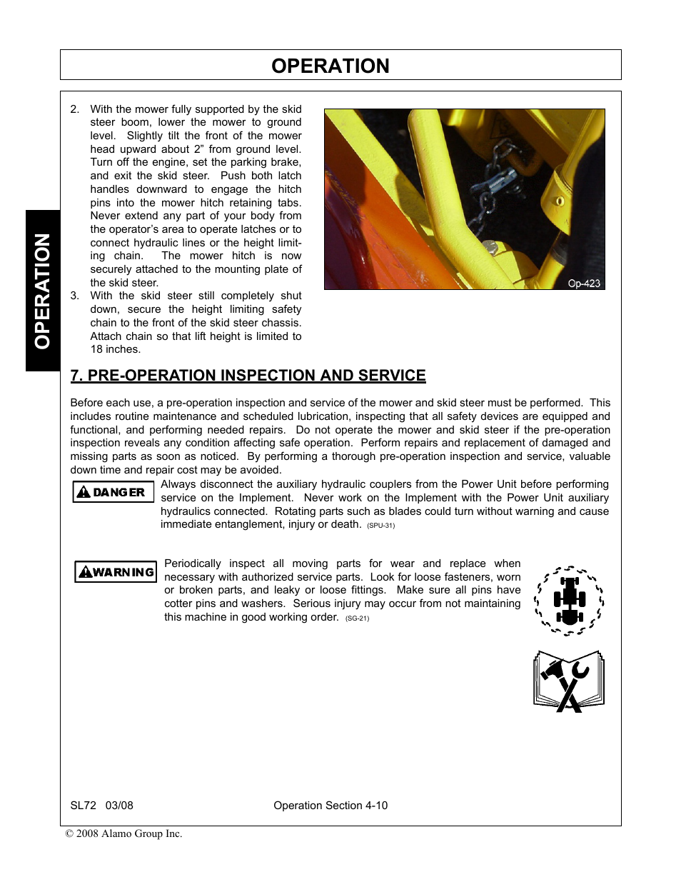 Pre-operation inspection and service, Pre-operation inspection and service -10, Operation | Opera t ion | Alamo SL72 User Manual | Page 92 / 122