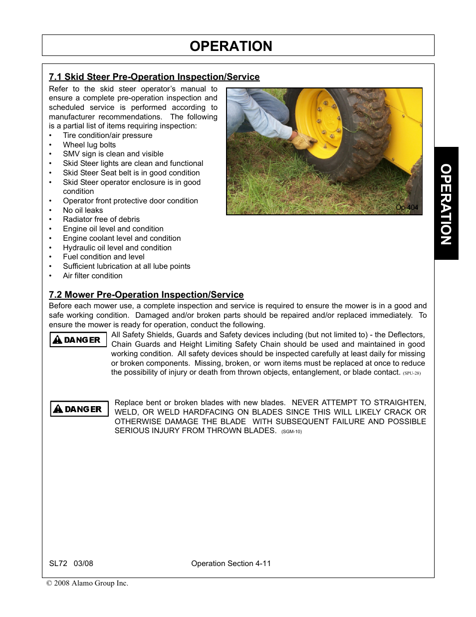 1 skid steer pre-operation inspection/service, 2 mower pre-operation inspection/service, Mower pre-operation inspection/service -11 | Operation, Opera t ion | Alamo SL72 User Manual | Page 93 / 122
