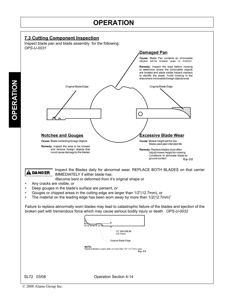 3 cutting component inspection, Cutting component inspection -14, Operation | Opera t ion | Alamo SL72 User Manual | Page 96 / 122