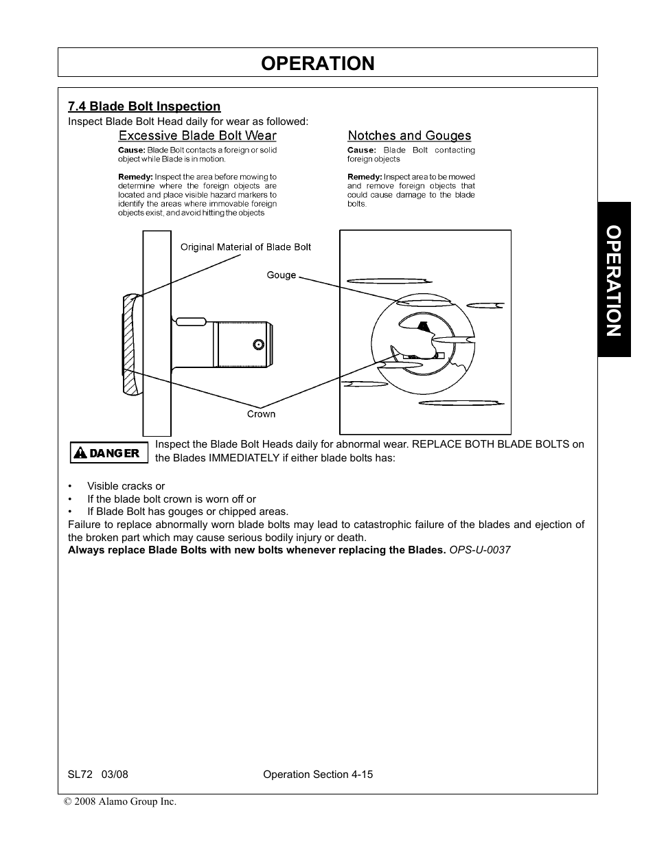 4 blade bolt inspection, Blade bolt inspection -15, Operation | Opera t ion | Alamo SL72 User Manual | Page 97 / 122