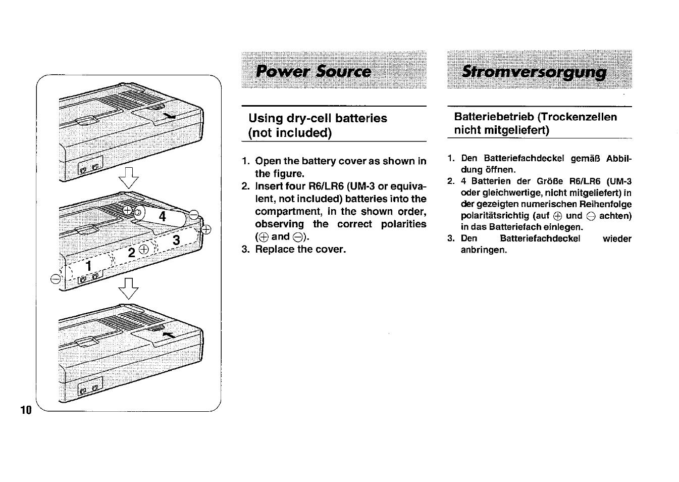 Using dry-cell batteries (not included), Batteriebetrieb (trockenzellen nicht mitgeliefert) | Panasonic RFB33 User Manual | Page 10 / 79