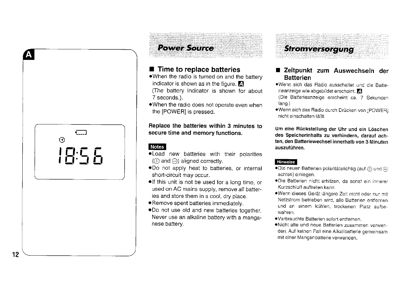Time to replace batteries, M zeitpunkt zum auswechseln der batterien, Poorer sofirce | Sframversorgung | Panasonic RFB33 User Manual | Page 12 / 79