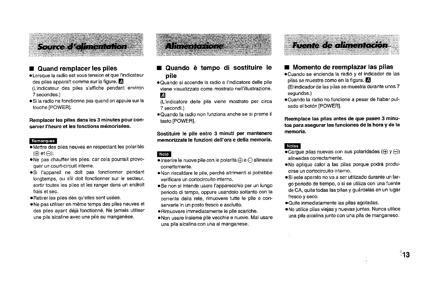Quand remplacer les piles, Quando è tempo di sostituire le pile, Momento de reemplazar las pilas | Panasonic RFB33 User Manual | Page 13 / 79