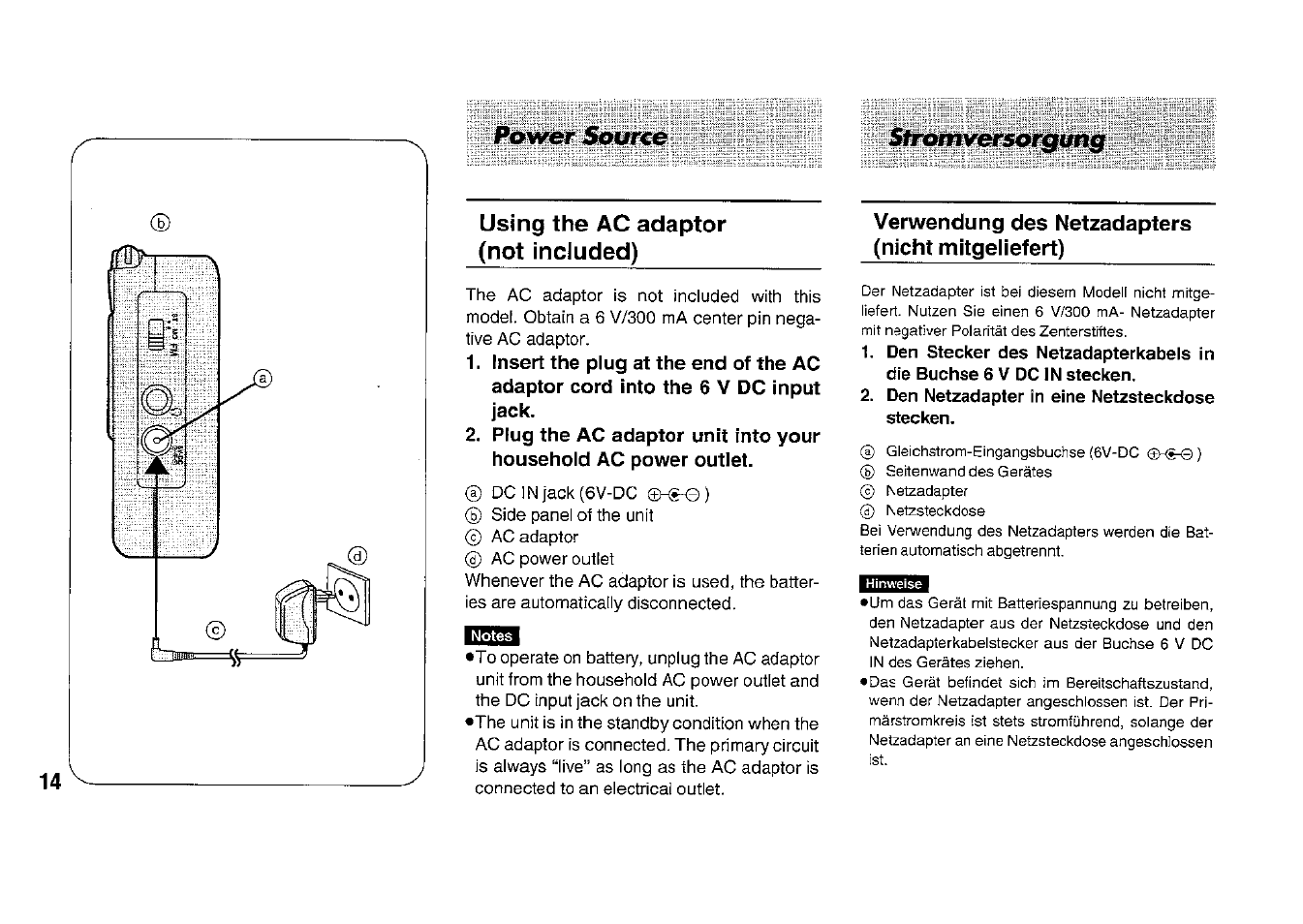 Power source, Using the ac adaptor (not included), Verwendung des netzadapters (nicht mitgeliefert) | Panasonic RFB33 User Manual | Page 14 / 79