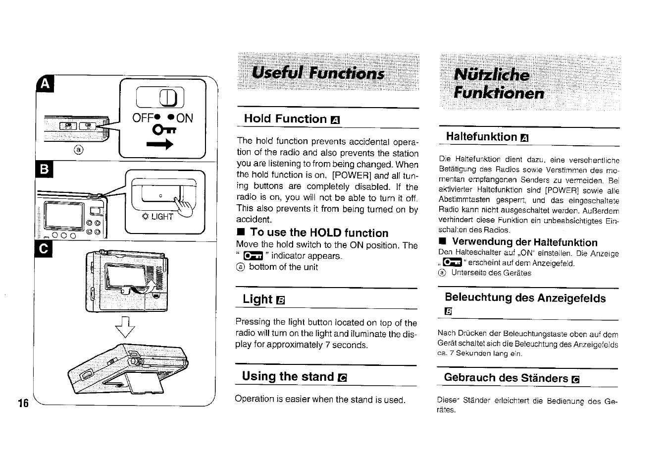 Hold function e, To use the hold function, Light m | Using the stand в, Funktionen, Haltefunktion ш, Verwendung der haltefunktion, Beleuchtung des anzeigefelds, Gebrauch des ständers в, Llseftil fundßons | Panasonic RFB33 User Manual | Page 16 / 79