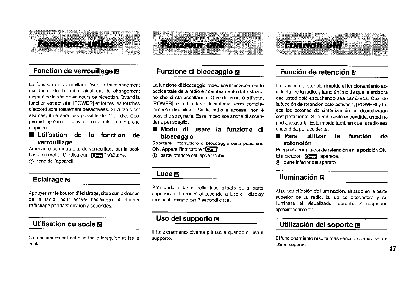 Función útil, Fonction de verrouillage el, Funzione di bloccaggio el | Función de retención el, Utilisation de la fonction de verrouillage, Modo dì usare la funzione dì bloccaggio, Para utilizar la función de retención, Eclairage m, Utilisation du socle b, Luce b | Panasonic RFB33 User Manual | Page 17 / 79