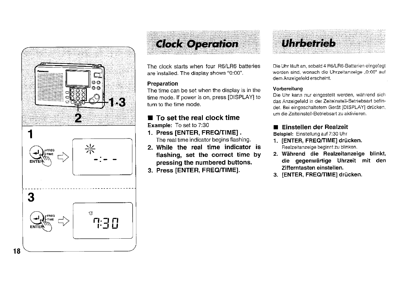 Cltkk opération, To set the real clock time, Press [enter, freq/time | Uhihetrieb, Einstellen der realzeit, Clock operation, Uhrbetrieb | Panasonic RFB33 User Manual | Page 18 / 79