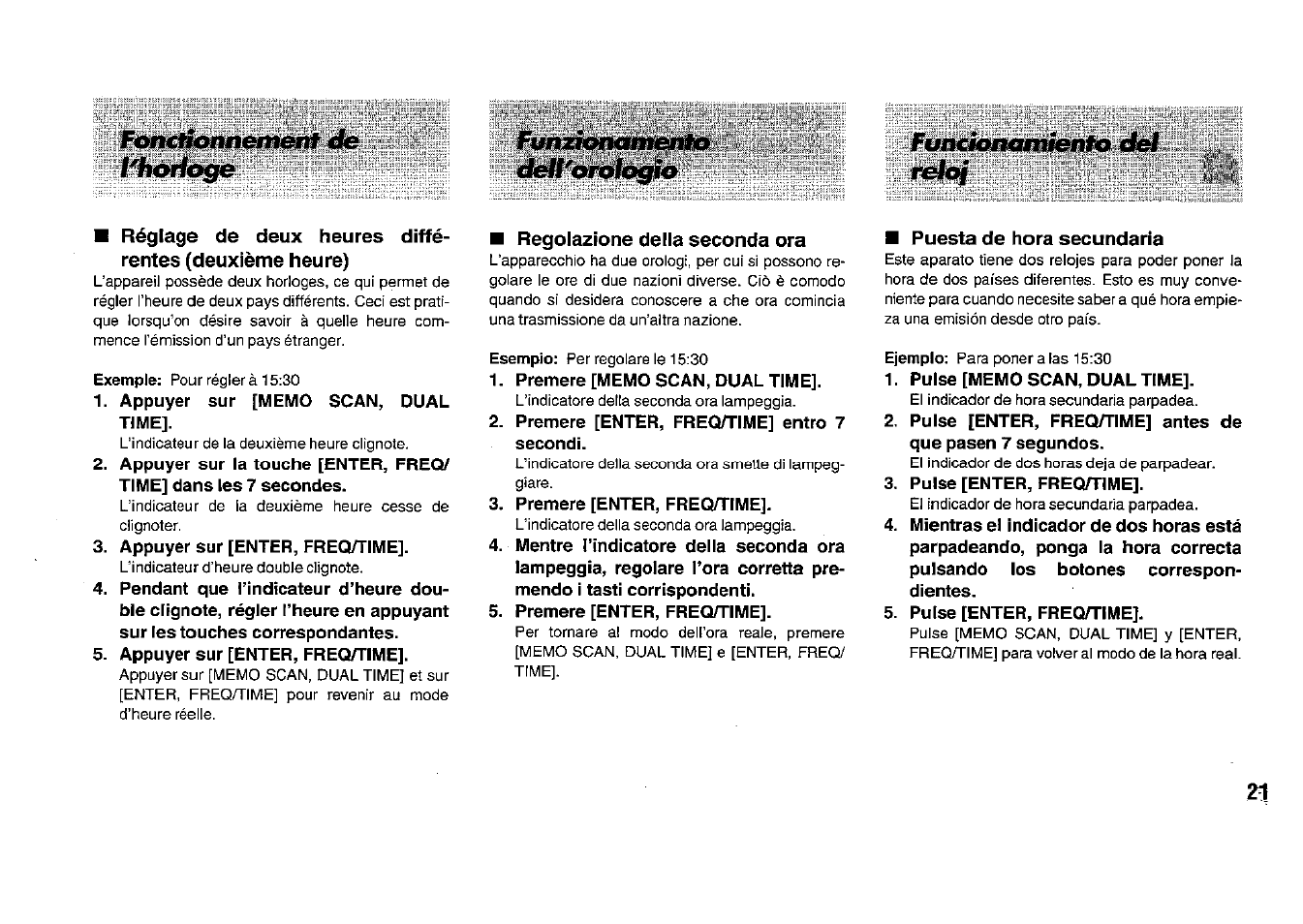 Appuyer sur [memo scan, dual time, Appuyer sur [enter, freq/time, Regolazione della seconda ora | Premere [memo scan, dual time, Premere [enter, freì^time] entro 7 secondi, Premere [enter, freq/time, Puesta de hora secundaria, Pulse [memo scan, dual time, Pulse [enter, freq/time, 11||р||в|^и|и||||1р|рш | Panasonic RFB33 User Manual | Page 21 / 79