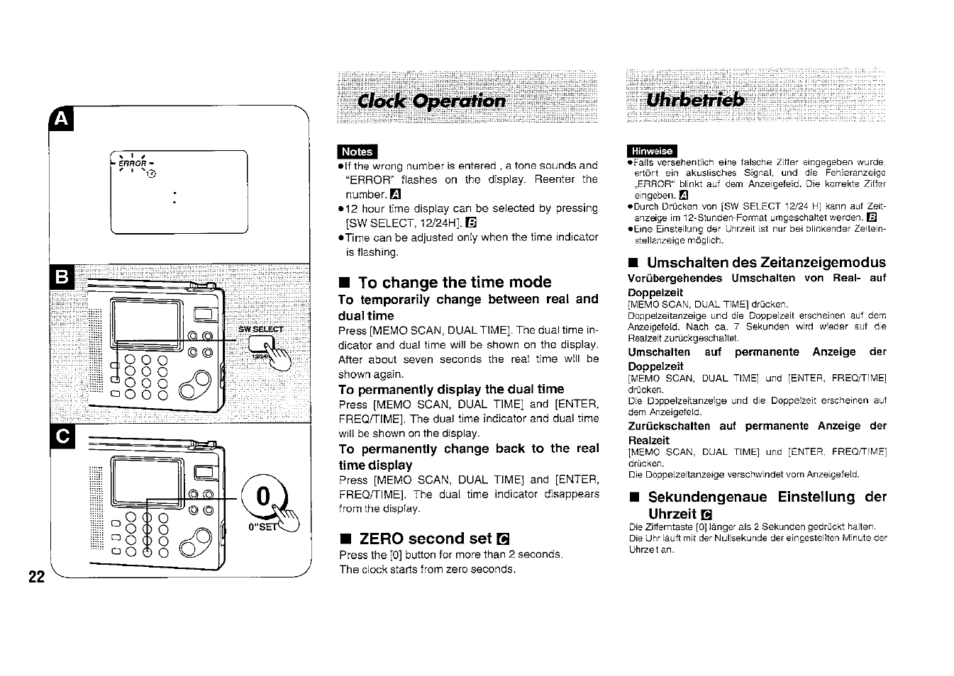 To change the time mode, Zero second set q, Umschalten des zeitanzeigemodus | Sekundengenaue einstellung der uhrzeit b, Uhrbetrkb, Cíttck operatkm | Panasonic RFB33 User Manual | Page 22 / 79