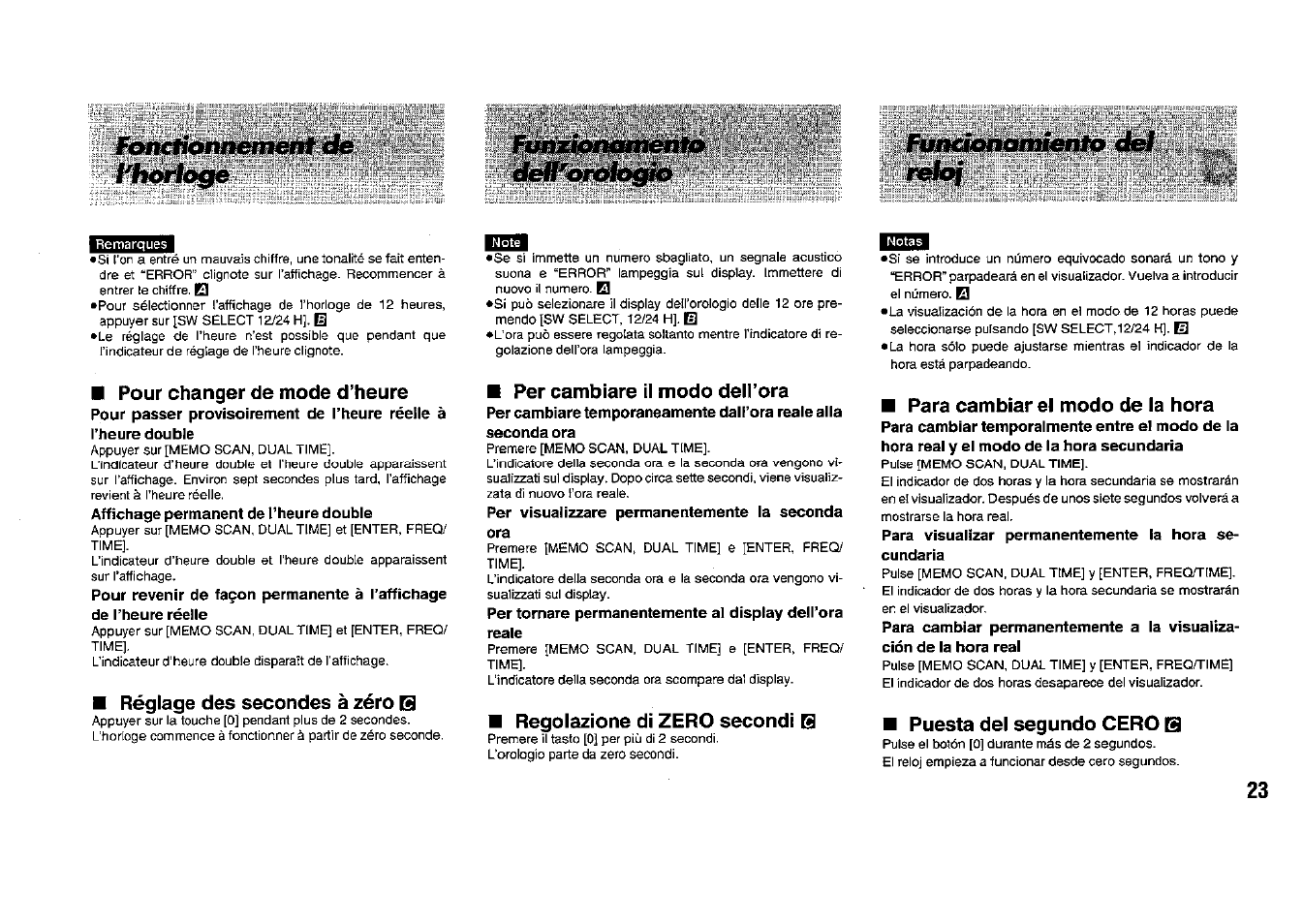 Fihizioncmien, Pour changer de mode d’heure, Réglage des secondes à zéro q | Per cambiare il modo dell’era, Regolazione di zero secondi 6, Para cambiar el modo de la hora, Puesta dei segundo cero s | Panasonic RFB33 User Manual | Page 23 / 79