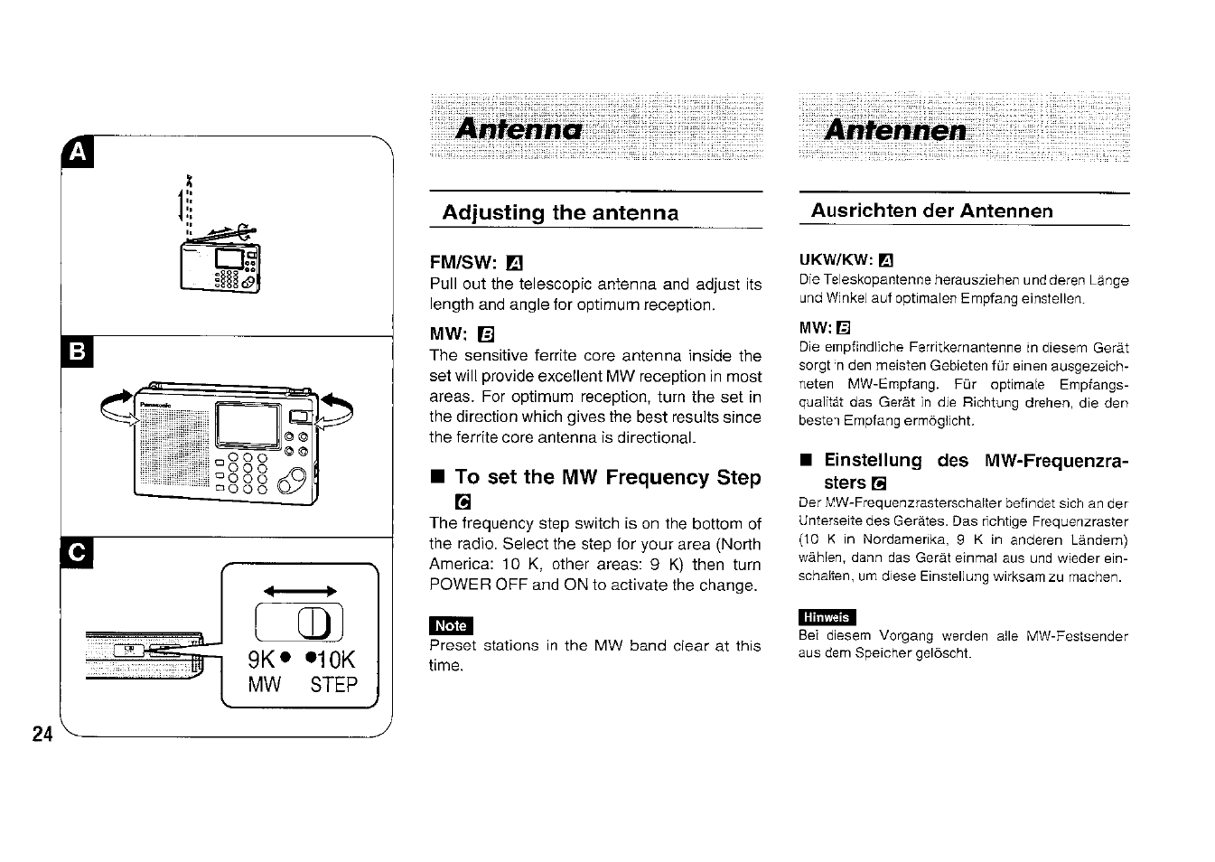 Antenna, Antennen, Fm/sw: h | Mw: b, To set the mw frequency step, Ausrichten der antennen, Einstellung des mw-frequenzra- sters h, Antena, Antenna antennen | Panasonic RFB33 User Manual | Page 24 / 79
